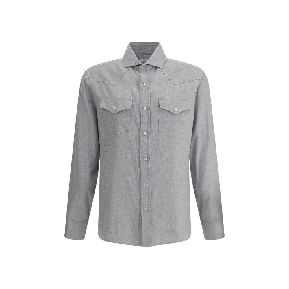 Brunello Cucinelli Gray Cotton Pattern Shirt with classic collar, patch pockets, snap-button closure, and adjustable cuffs.