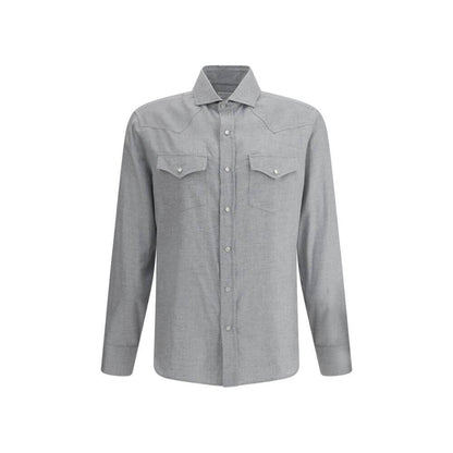 Brunello Cucinelli Gray Cotton Pattern Shirt with classic collar, patch pockets, snap-button closure, and adjustable cuffs.