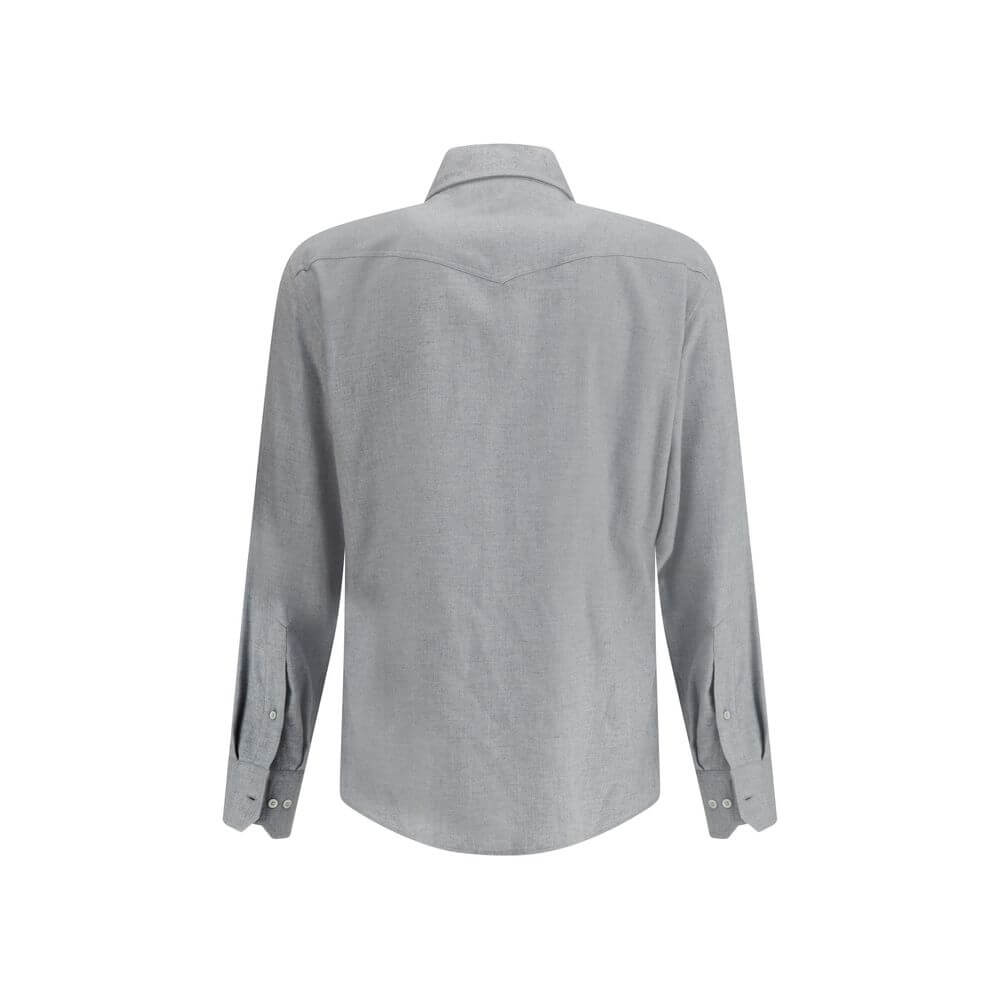 Back view of Brunello Cucinelli Gray Cotton Pattern Shirt with button cuffs and classic collar.