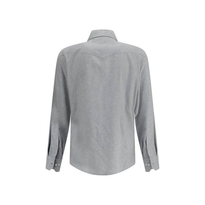 Back view of Brunello Cucinelli Gray Cotton Pattern Shirt with button cuffs and classic collar.