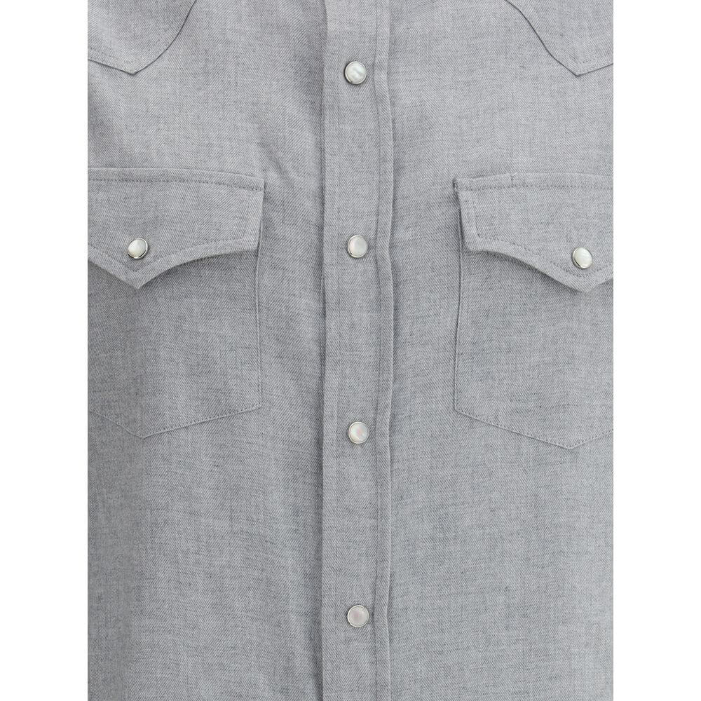 Brunello Cucinelli Gray Cotton Pattern Shirt with snap-button closure and patch pockets