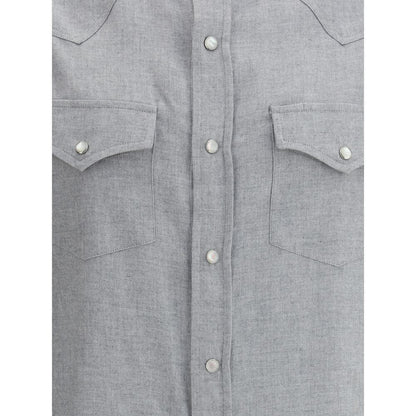 Brunello Cucinelli Gray Cotton Pattern Shirt with snap-button closure and patch pockets