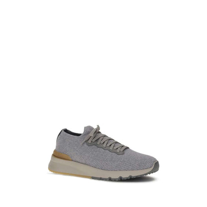 Brunello Cucinelli Gray Rubber Athletic Sneakers with wool, tapered design, lace-up closure, heel puller, and logoed insole for AW25.
