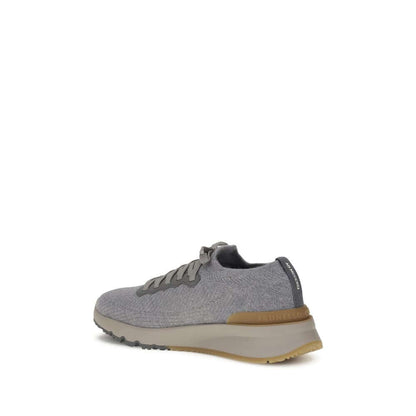 Brunello Cucinelli Gray Rubber Athletic Sneakers with lace-up closure and branded heel puller, showcasing sleek, tapered silhouette.