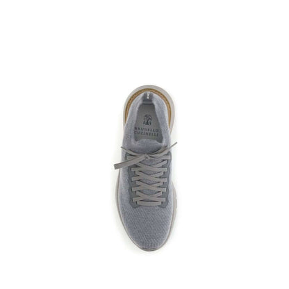 Top view of Brunello Cucinelli Gray Rubber Athletic Sneakers with wool fabric, lace-up closure, and brand logo on insole.