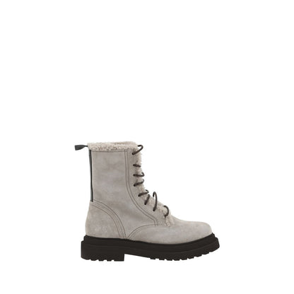 Brunello Cucinelli Gray Rubber Lace-Up Boots with fur-lined interior and suede design for comfort and style.