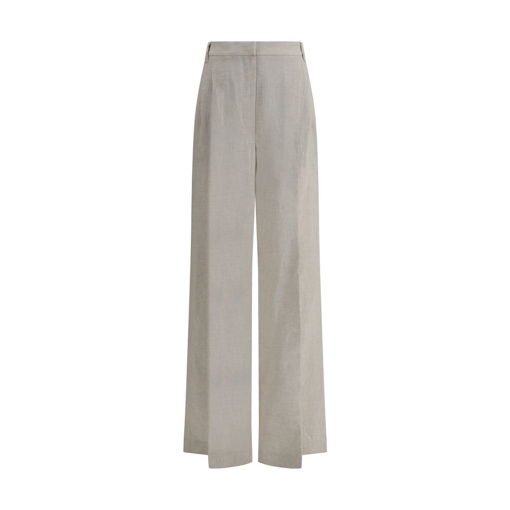 Back view of Brunello Cucinelli Linen Pants with wide-leg design and elegant lamé details.