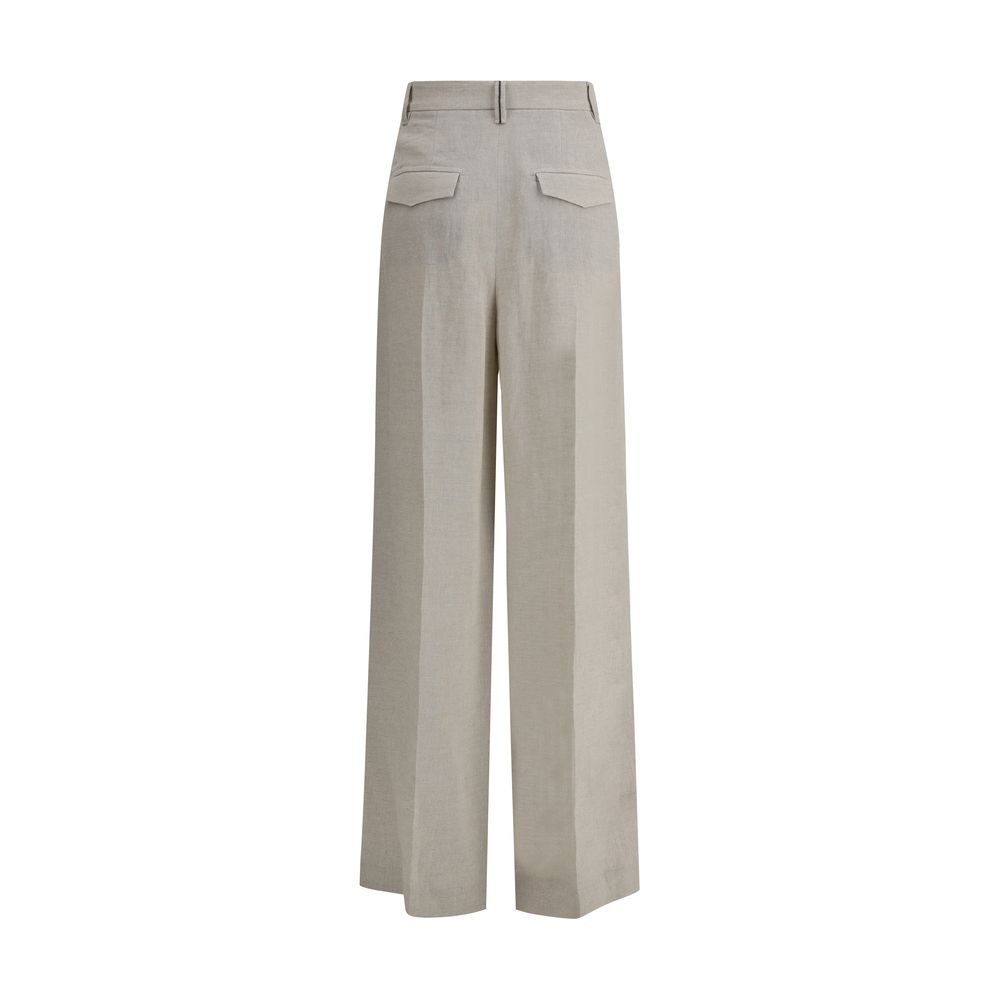 Brunello Cucinelli Linen Pants with wide-leg design, front zipper closure, and jewel-embellished belt loops for elegant style.