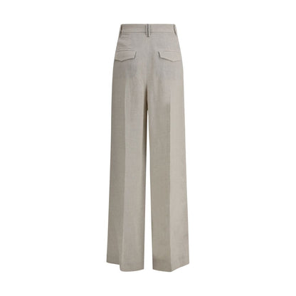 Brunello Cucinelli Linen Pants with wide-leg design, front zipper closure, and jewel-embellished belt loops for elegant style.