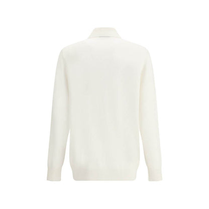 Brunello Cucinelli White Cashmere Cardigan, rear view showing ribbed collar and cuffs, regular fit, AW25, 100% Kashmir, two patch pockets.