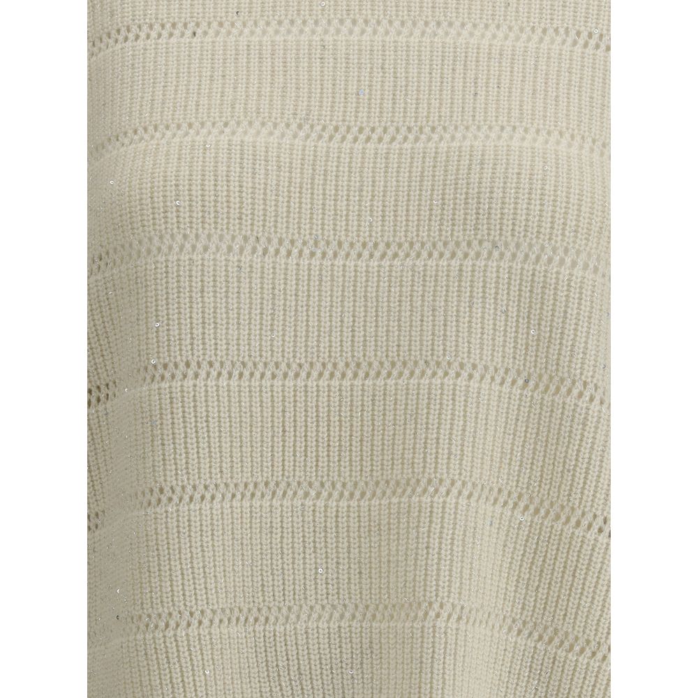 Close-up of Brunello Cucinelli White Cashmere Cashmere Sweater with ribbed knit texture and contemporary design.