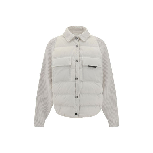 Brunello Cucinelli White Polyamide Coat with quilted design and classic collar.