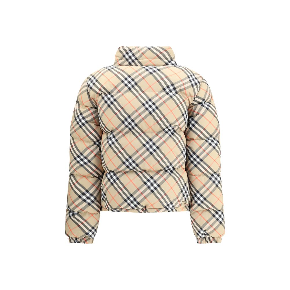 Burberry Beige Polyester Coat with iconic check pattern, featuring regular fit, packaway hood, and double-slider zipper closure.
