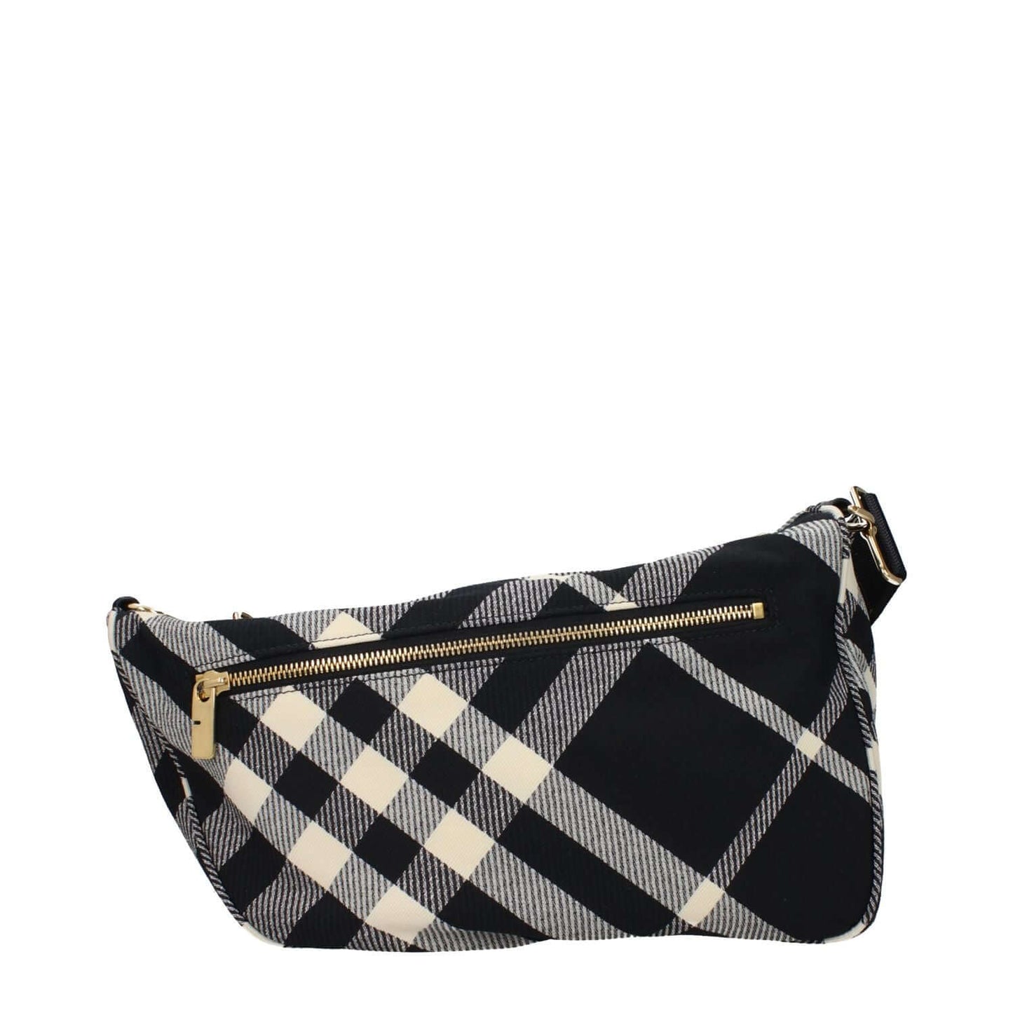 Burberry Black Fabric Crossbody Bag with check print, adjustable strap, zip closure, and two external pockets.
