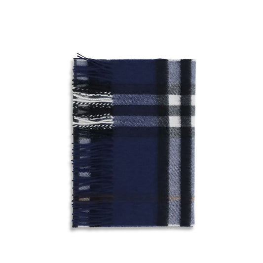 Burberry Blue Cashmere Scarf with check pattern, fringed profiles, and logo label, AW25 collection, 100% cashmere, elegant and warm design.