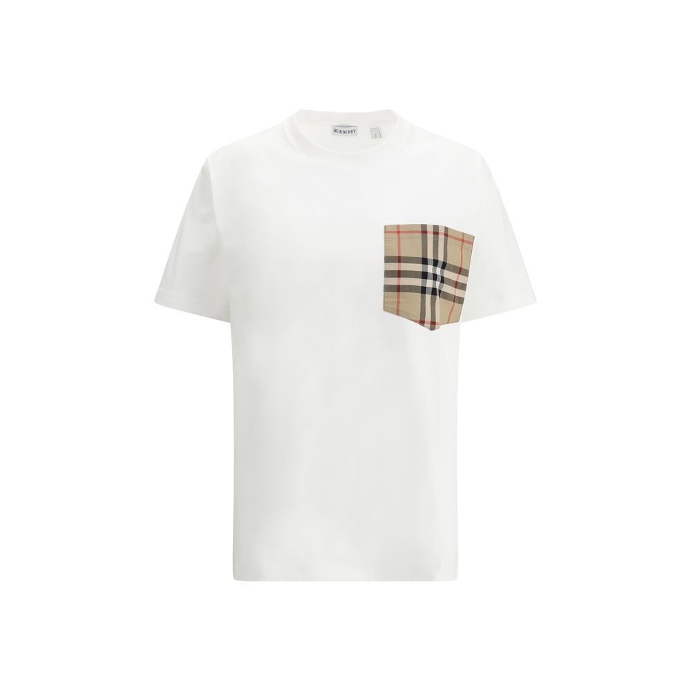 Burberry White Cotton T-Shirt with Archive Check pocket, ribbed crew neck, monochrome pattern, AW25, oversize fit, 100% cotton.
