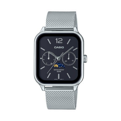 CASIO COLLECTION Mod. MOONPHASES - BLACK MESH wristwatch with moonphase function, water-resistant 5 ATM, mesh strap, quartz movement.