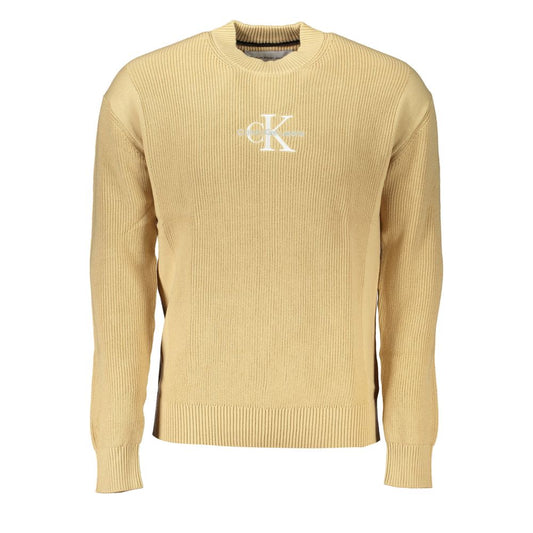 Calvin Klein Beige Cotton Sweater, long-sleeved, crew neck, with contrast details and logo embroidery.