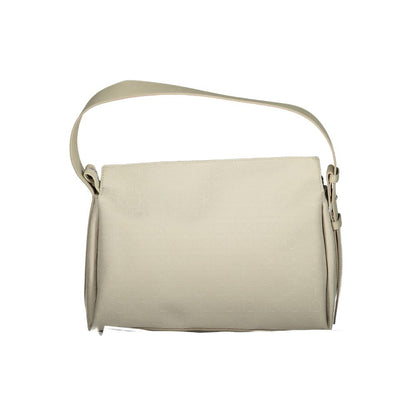 Calvin Klein Beige Polyester Handbag with adjustable shoulder, document pocket, and zip closure, featuring contrasting details and logo.