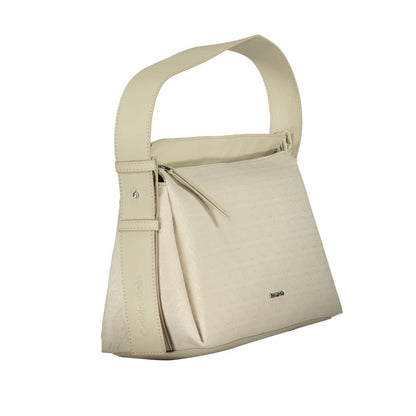 Calvin Klein Beige Polyester Handbag with adjustable shoulder handle, internal document pocket, and zip closure, made of 50% recycled material.