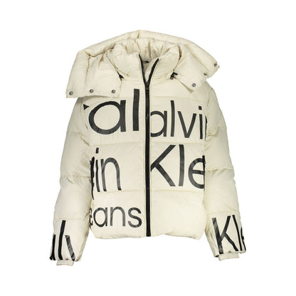 Calvin Klein Beige Polyester Jackets & Coat with removable hood, zip, logo print, and contrasting details, made with recycled polyester.