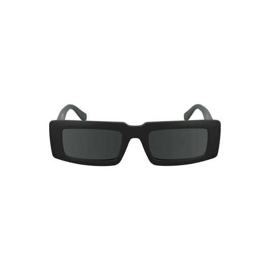 Calvin Klein Black Bio-Based Fabric Men Sunglasses with rectangular smoke lenses and eco-friendly design, showcasing modern sophistication.