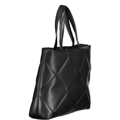 Calvin Klein Black Cotton Handbag with two handles, internal pockets, drawstring closure, and contrasting logo.