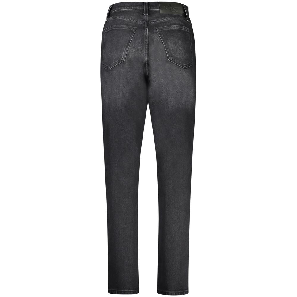 Calvin Klein Black Cotton Women Jeans showcasing classic mom style with back view, five pockets, and iconic logo for timeless fashion.