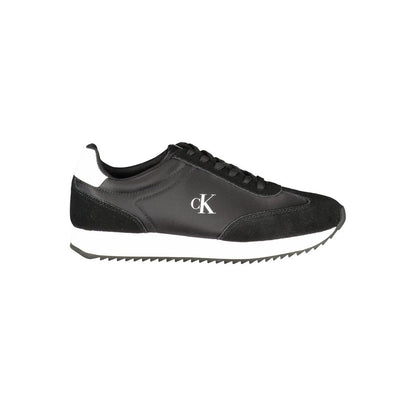 Calvin Klein Black Leather Women Sneaker with contrast details and logo, showcasing sporty elegance and modern flair.