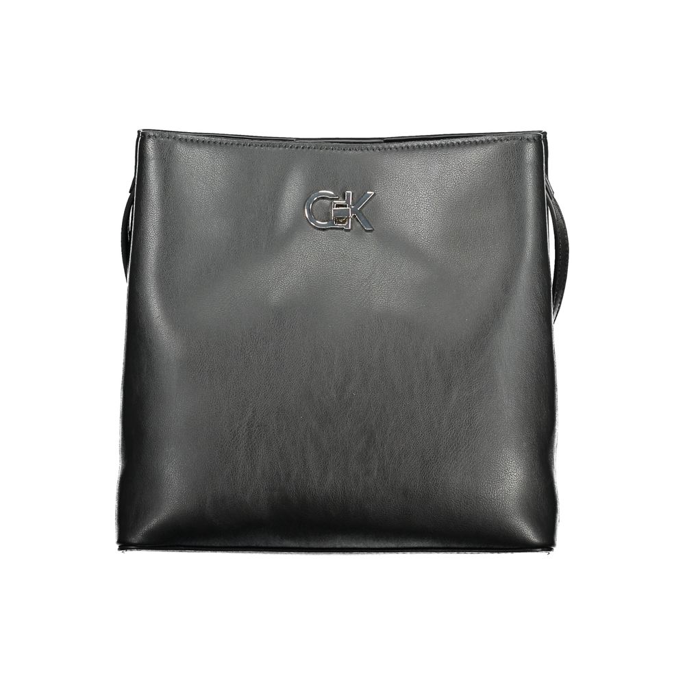 Calvin Klein Black Polyester Handbag with adjustable strap, logo, and multiple compartments.