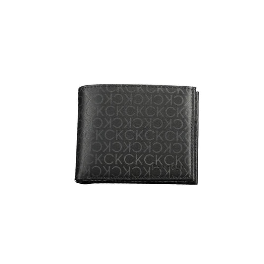 Calvin Klein Black Polyester Men Wallet with RFID protection and iconic logo, featuring dual compartments for card storage.