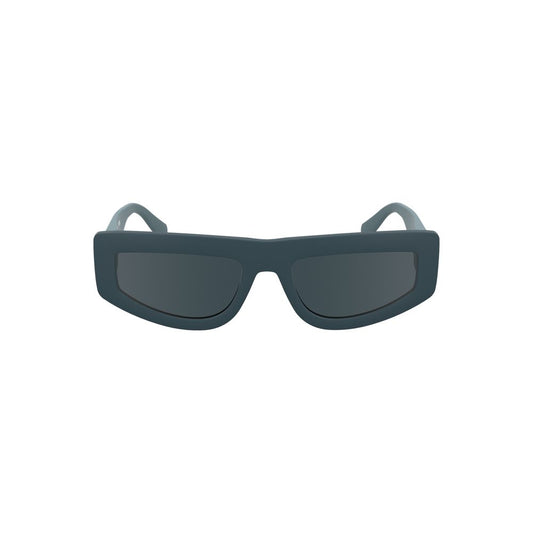 Rectangular black sunglasses with dark lenses on a white background.