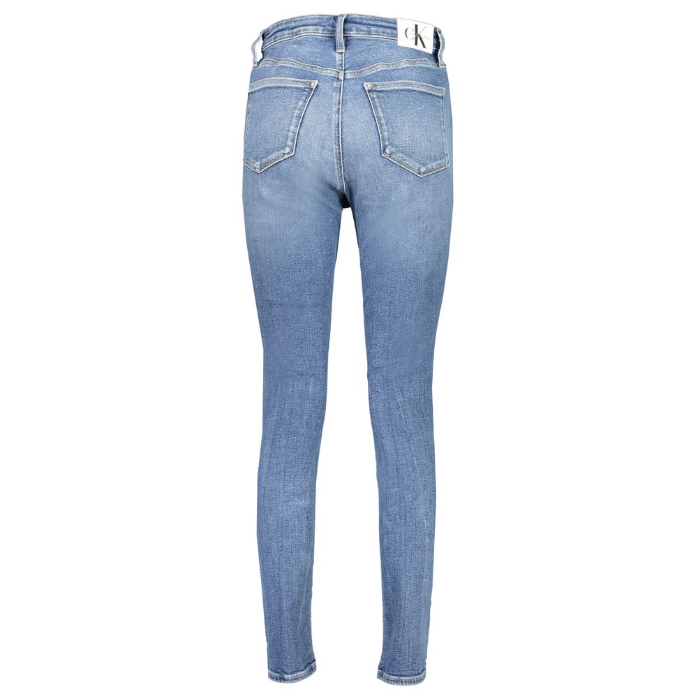 Back view of Calvin Klein Blue Cotton Women Jeans showcasing high-rise skinny fit with urban chic design and recycled cotton blend.