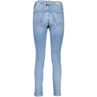 Calvin Klein Blue Cotton Women Jeans with high-rise skinny fit and embroidered logo detail, made from recycled cotton for sustainable fashion.