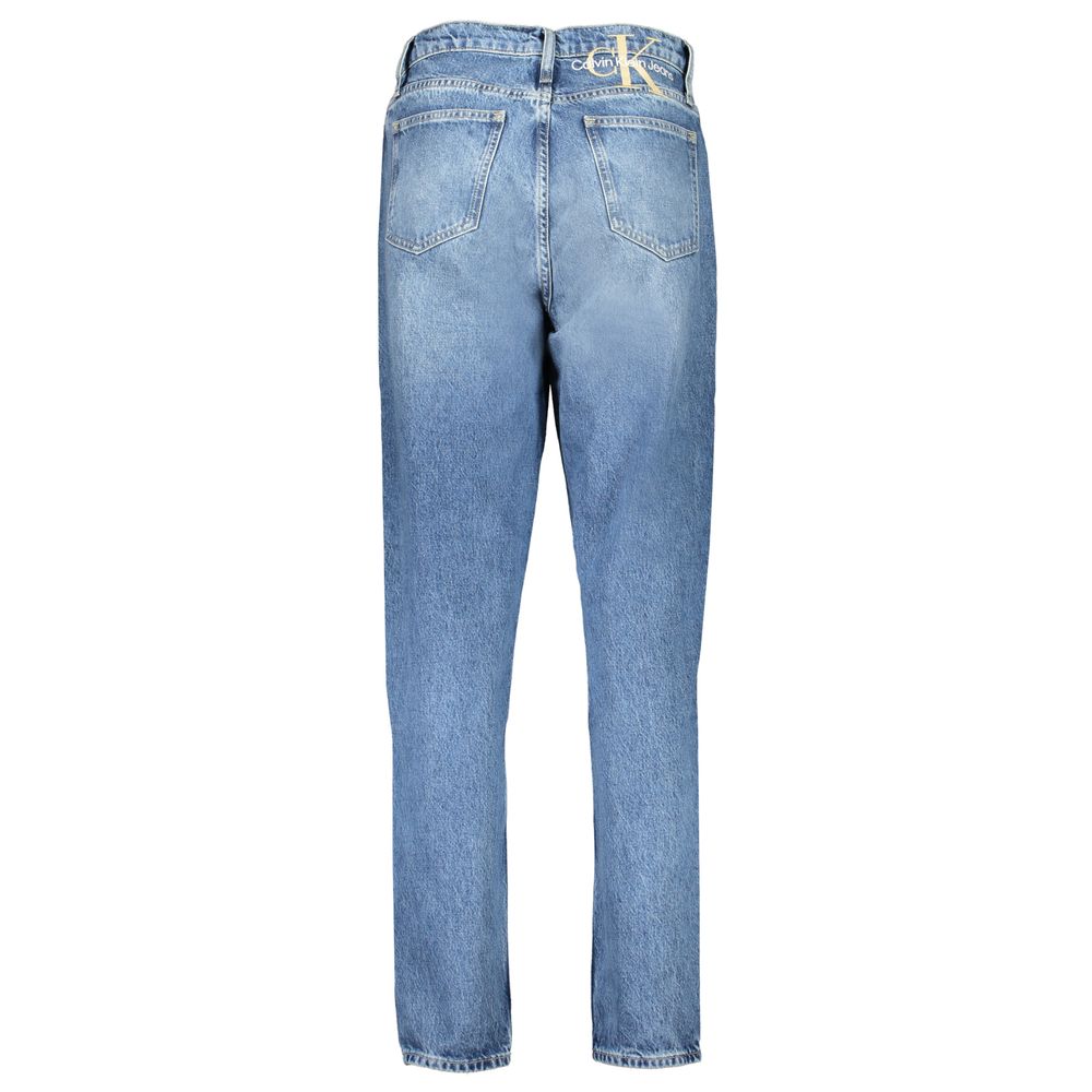 Back view of Calvin Klein Blue Cotton Women's Jeans with washed effect and signature logo patch.