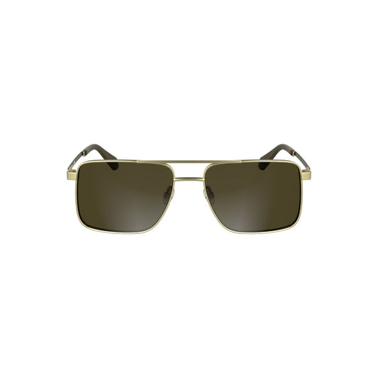 Alt Tag: Calvin Klein Gold Metal Men Sunglass with square lenses and sophisticated gold frames, featuring rich brown lenses.