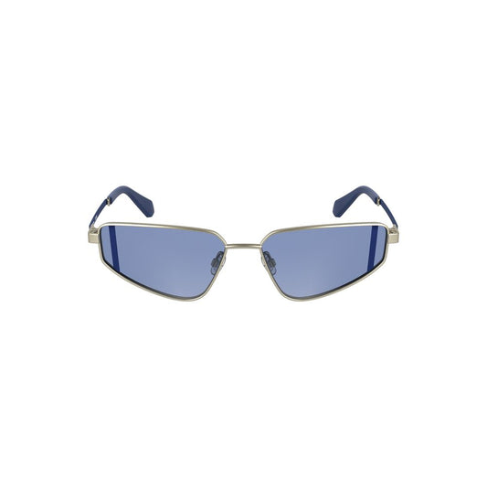 Calvin Klein Gray Metal Women Sunglasses with blue lenses and sleek rectangular design, showcasing modern elegance and comfort.