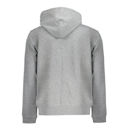 Back view of Calvin Klein Gray Recycled Polyester Men Hoodie with hood up, featuring a brushed interior for sporty luxury.