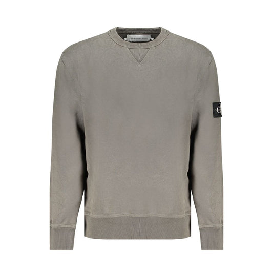 Calvin Klein Green Cotton Men Sweater with logo patch, long sleeves, crew neck, made from regenerative cotton for eco-conscious style.