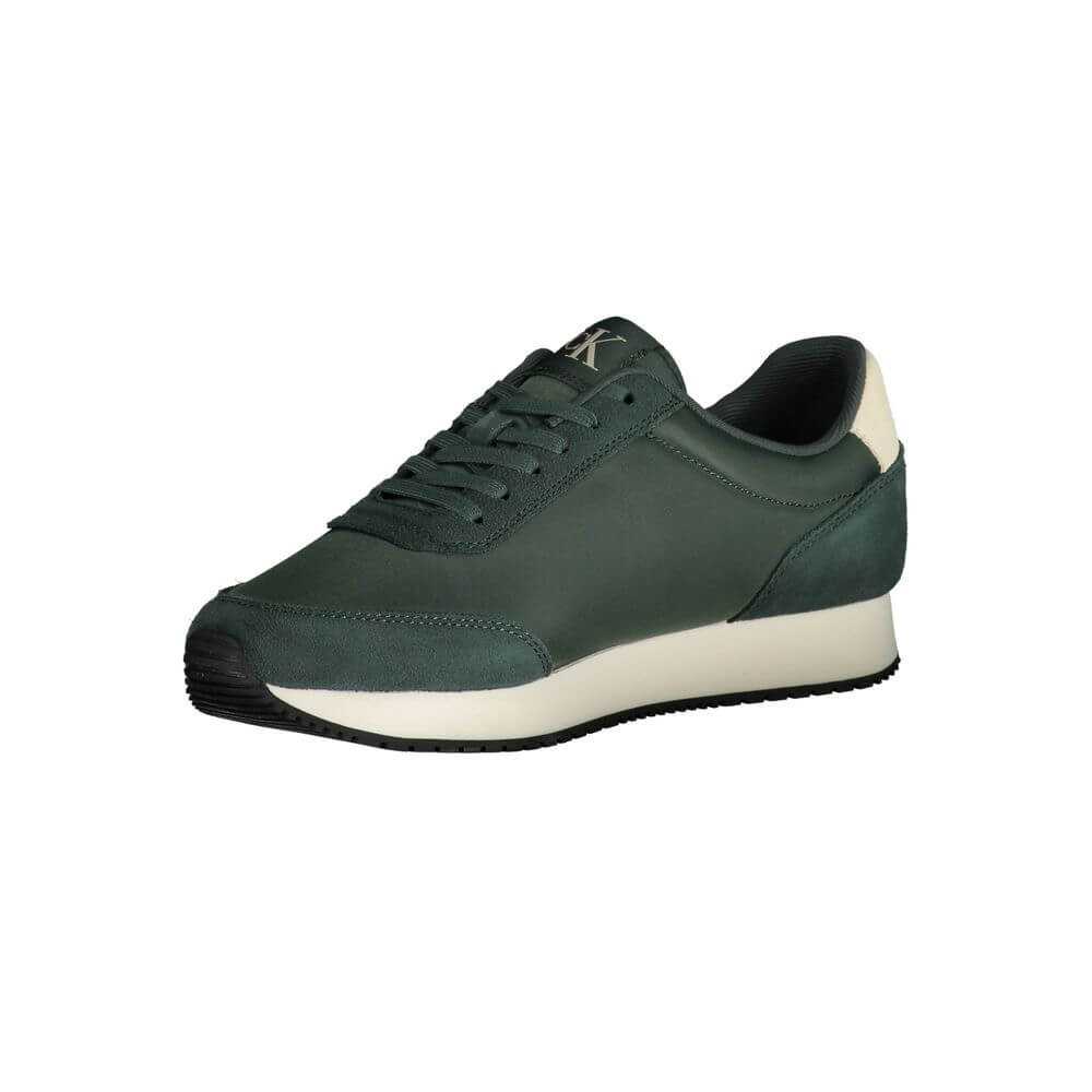 Calvin Klein Green Polyester Sneaker with laces, print, contrasting details, and logo. Ideal sports shoe for style and comfort.