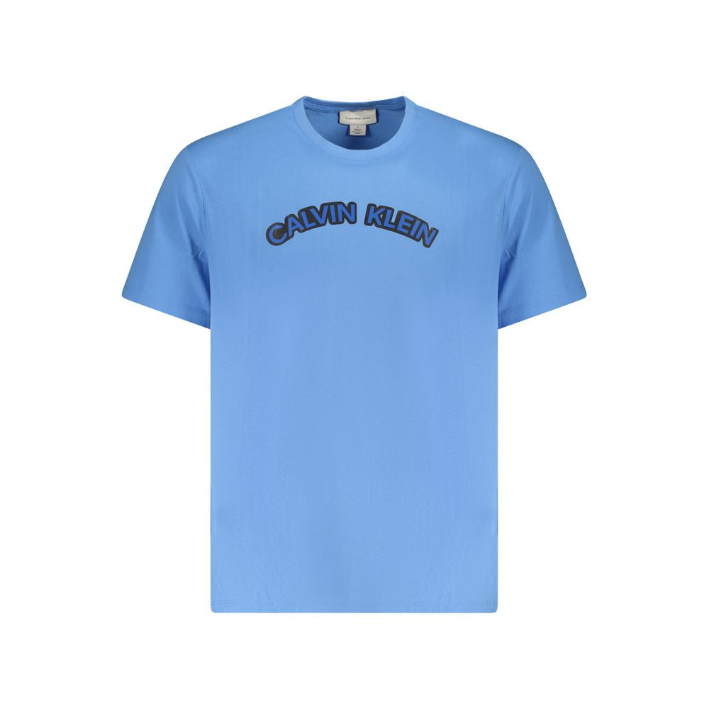 Calvin Klein Light Blue Cotton Men T-Shirt with logo print, elegant crew neck design for modern trendsetters.
