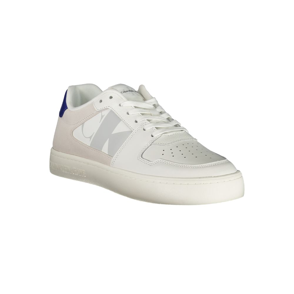 Calvin Klein White Leather Mens Sneaker with eco-friendly materials and stylish contrast details.