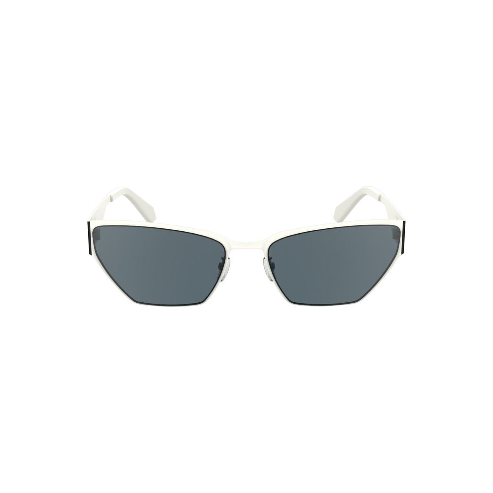 Front view of Calvin Klein White Metal Women Sunglass with sleek cat-eye shape and smoke lenses.
