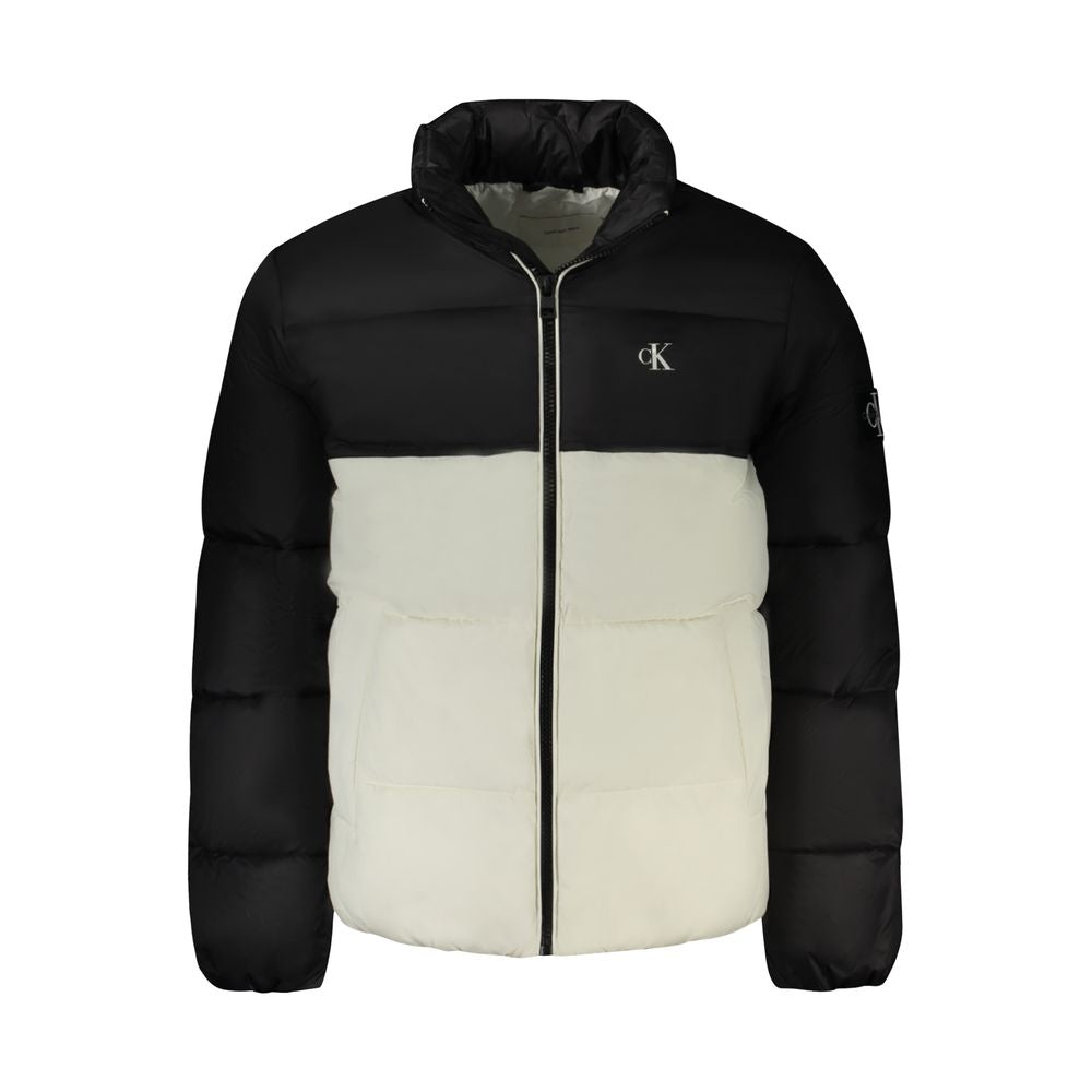Calvin Klein White Polyester Men Jacket with black contrast and CK logo, made from Repreve recycled polyester for sustainable fashion elegance.