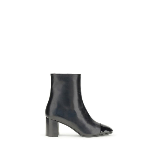 Carel Paris Black Leather Ankle Boots with patent toe and flared heel, side zip closure, perfect for AW25 season elegance.