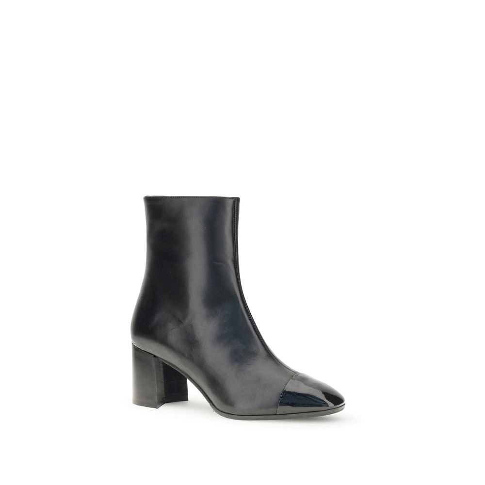 Carel Paris Black Leather Ankle Boots with patent toe and flared heel, side zip closure for elegant and practical fit. AW25 season.