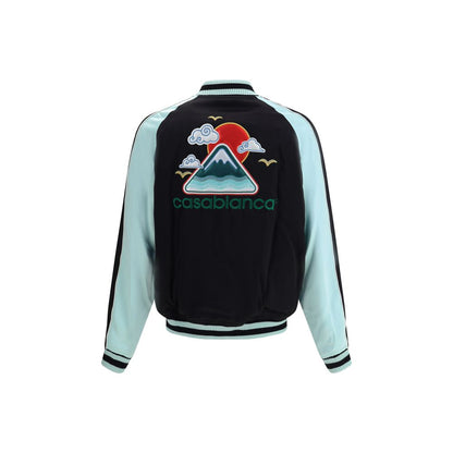 Casablanca Black Viscose Bomber with logo embroidery, two-tone satin design, ribbed collar, and comfortable fit for AW25 season.