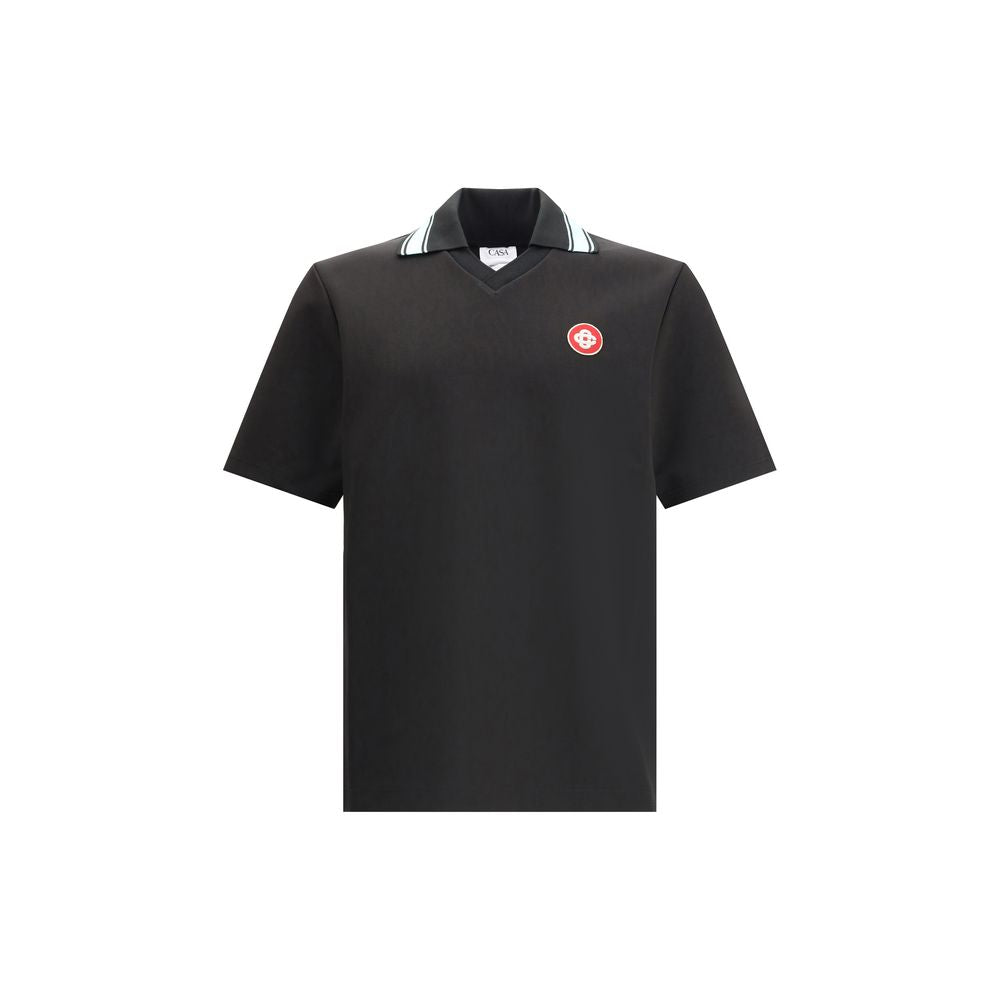 Casablanca Black Viscose Polo Shirt with logo patch on chest, featuring short sleeves and interlock fabric for soft, durable texture.