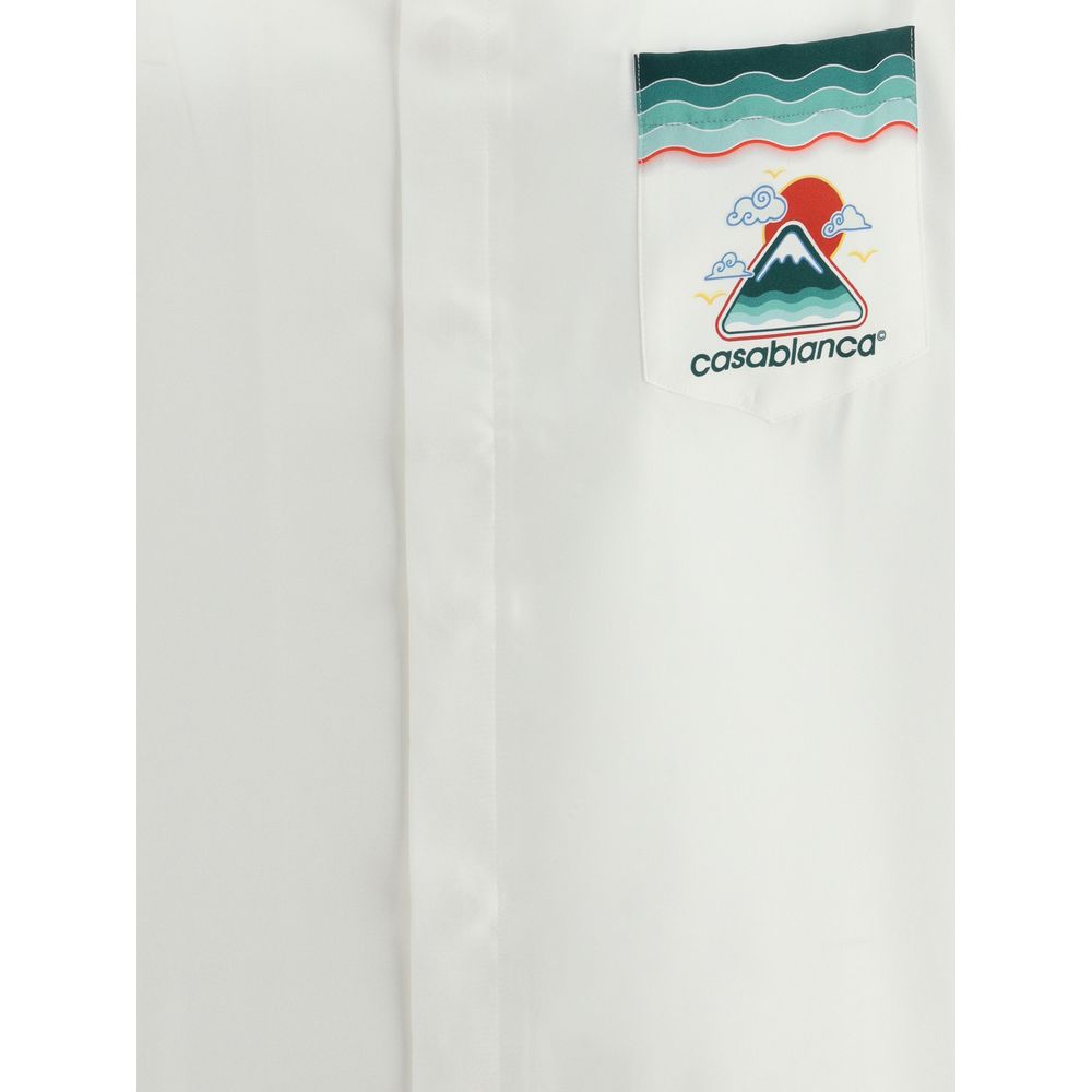 Casablanca White Silk Pattern Shirt with Japanese-inspired print and Cuban collar, featuring modern elegance and iconic Corozo buttons.