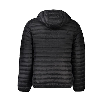 Rear view of Cavalli Class Black Polyamide Men's Jacket with hood, highlighting the quilted design and sleek finish.